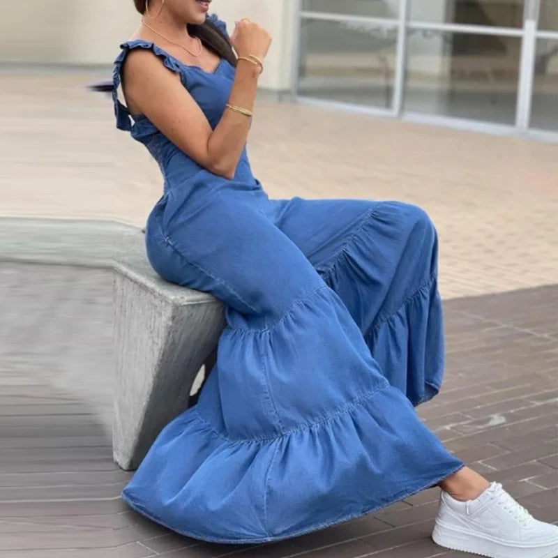 Summer Solid Pleated Wide Leg Jumpsuit