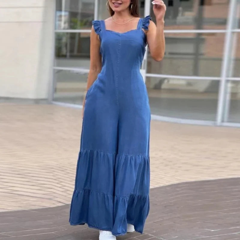 Summer Solid Pleated Wide Leg Jumpsuit