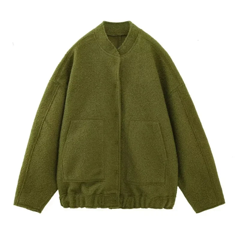 Oversized Autumn Bomber Jacket with Hidden Buttons