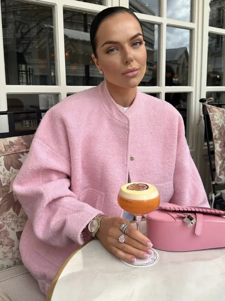 Oversized Autumn Bomber Jacket with Hidden Buttons
