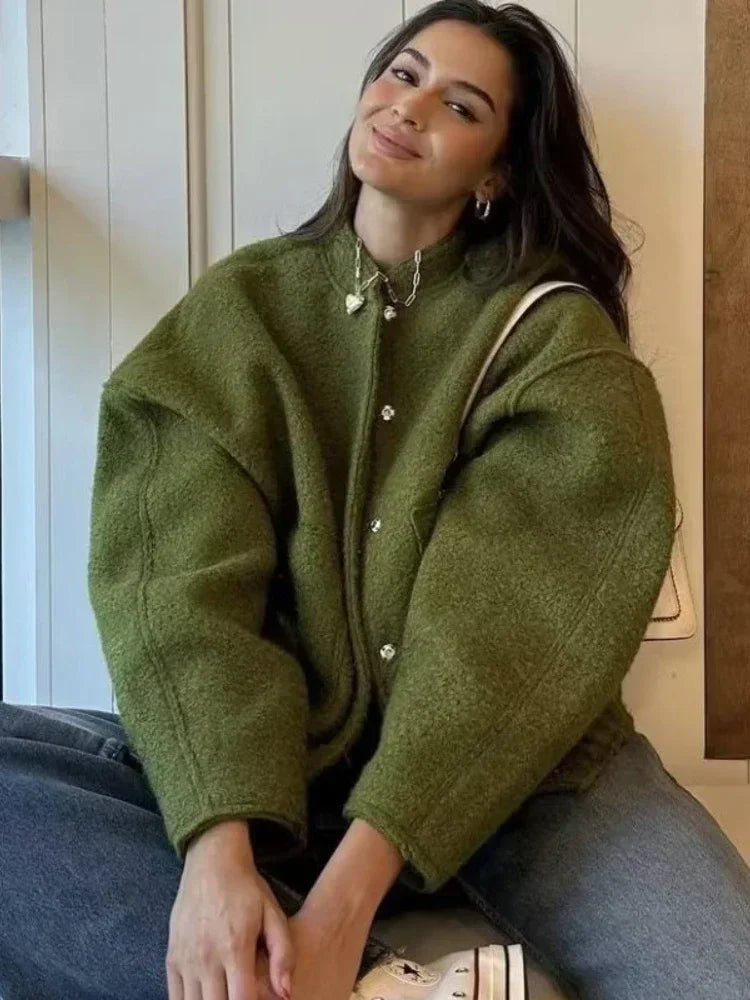 Oversized Autumn Bomber Jacket with Hidden Buttons