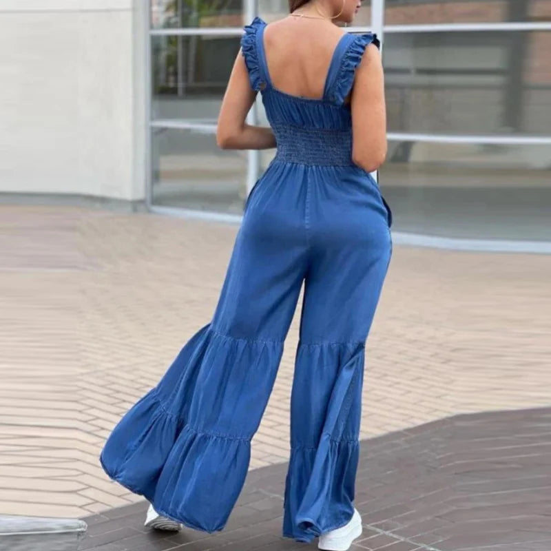 Summer Solid Pleated Wide Leg Jumpsuit