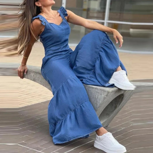 Summer Solid Pleated Wide Leg Jumpsuit