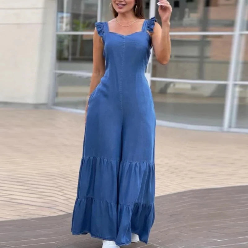 Summer Solid Pleated Wide Leg Jumpsuit