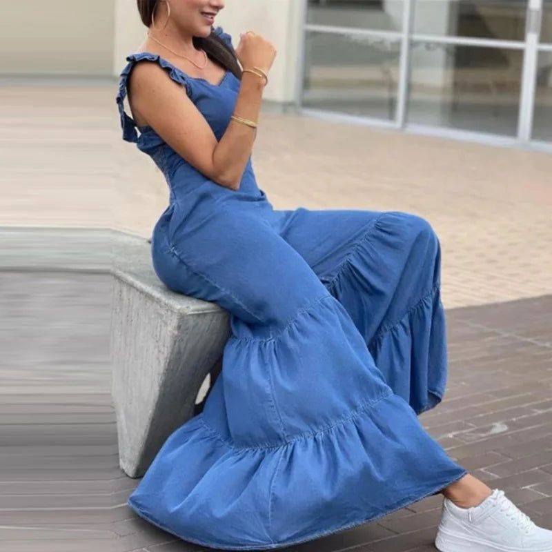 Summer Solid Pleated Wide Leg Jumpsuit
